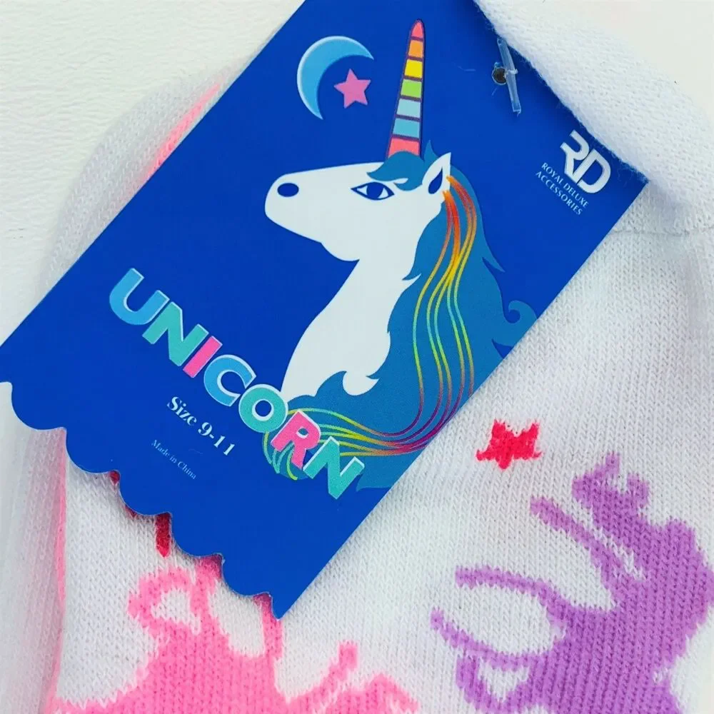 Women's Girls 3 Pk Unicorn Low Cut Socks Novelty Print White Pink,Purple Sz 9-11